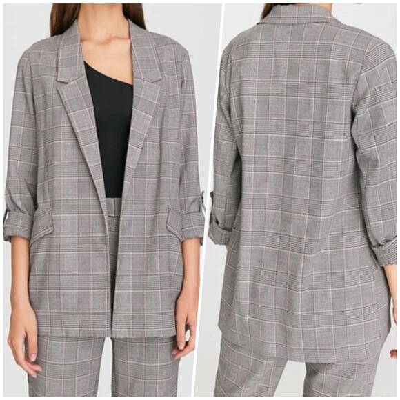Stradivarius | Women | Stradivarius Glen Plaid Tab Sleeve Open Front Blazer | XS - Picture 12 of 13